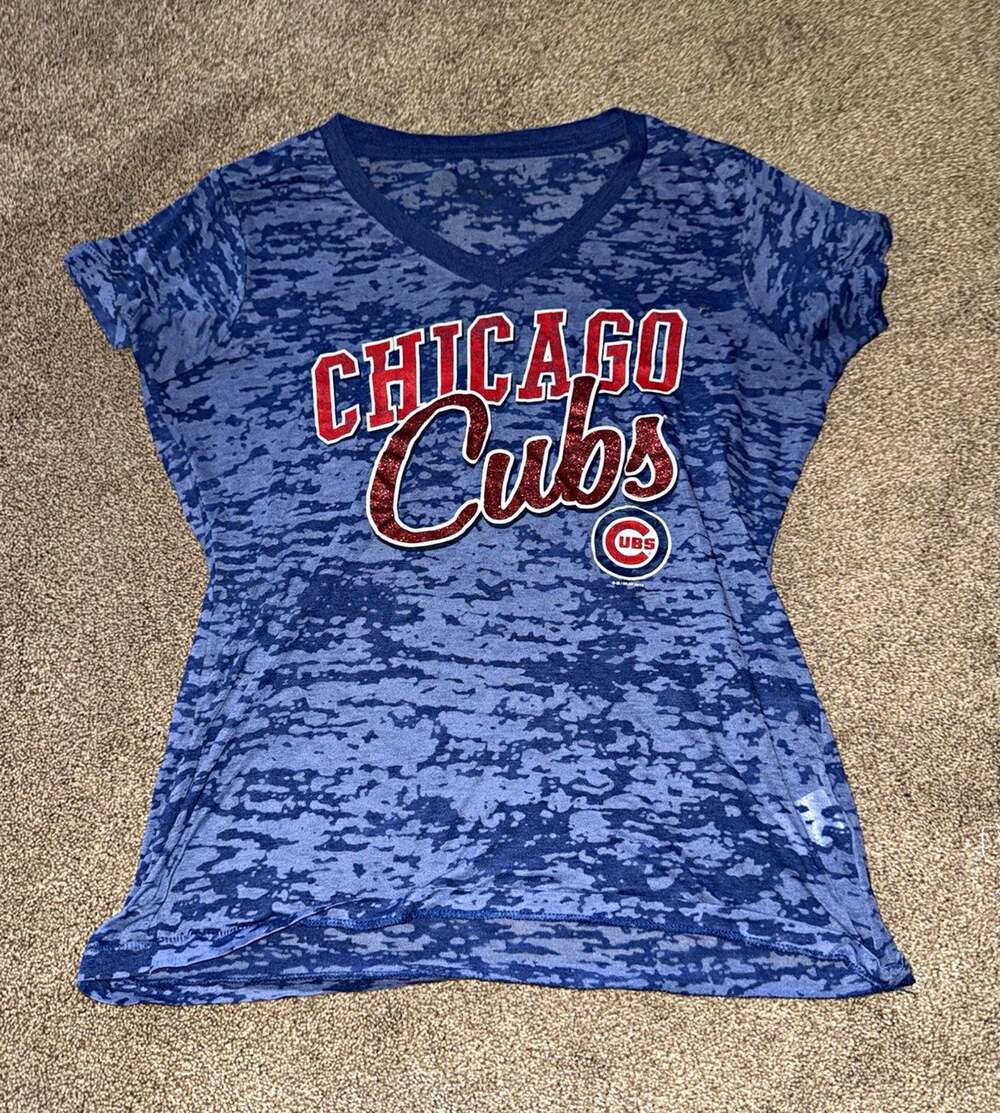 Women's Chicago Cubs MLB Baseball Blue Camo V-Neck Short Sleeve Shirt Size XL
